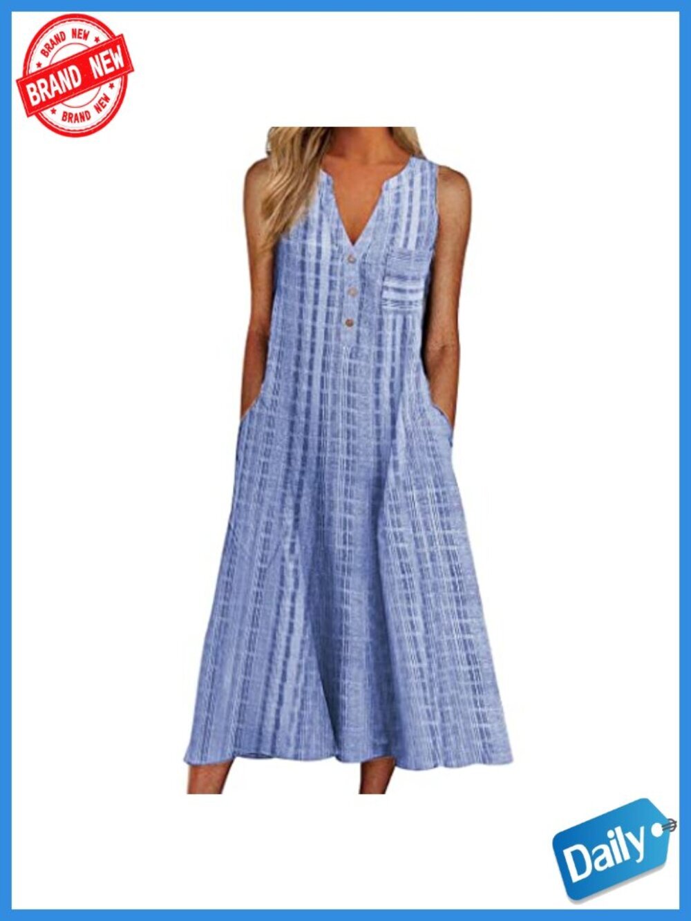 Casual Summer Stripe V Neck Sleeveless Midi Dress with Pockets